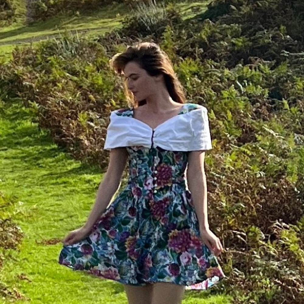VINTAGE Floral Off-Shoulder Fit & Flare Dress Drop Waist in Green and Purple